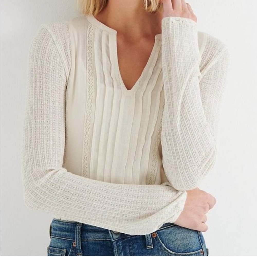 “LUCKY BRAND” Solid Woven Drop Needle Peasant Top